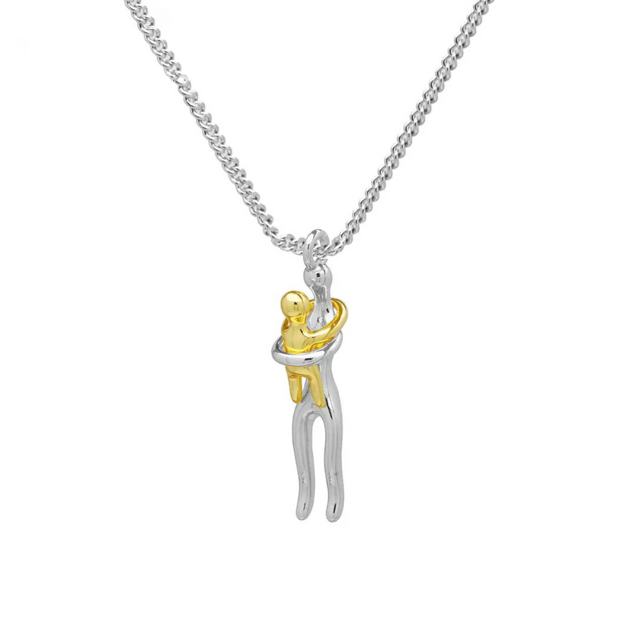 Hug Embrace Pendant Necklace for Mom & Child, Silver Gold Two-Tone Family Jewelry