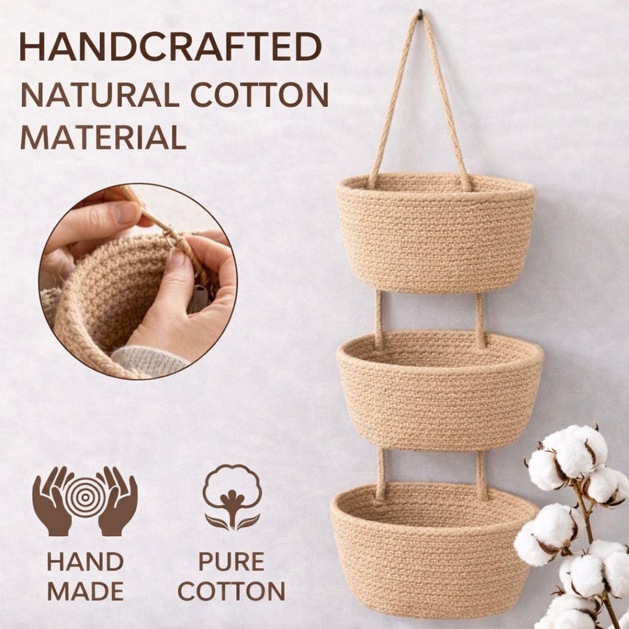 🧺Woven cotton 3-Tier Over the Door Basket, Wall-Mounted Jute Storage Organizer🔥