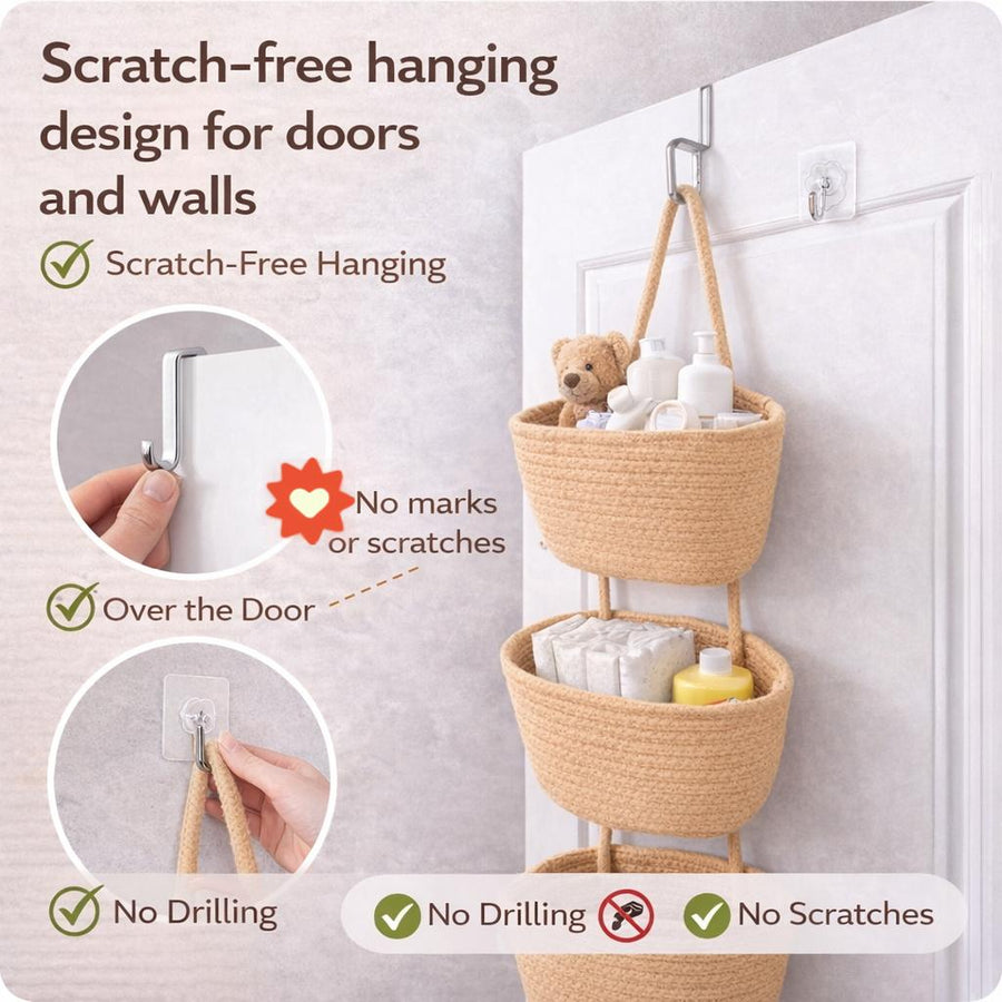 🧺Woven cotton 3-Tier Over the Door Basket, Wall-Mounted Jute Storage Organizer🔥